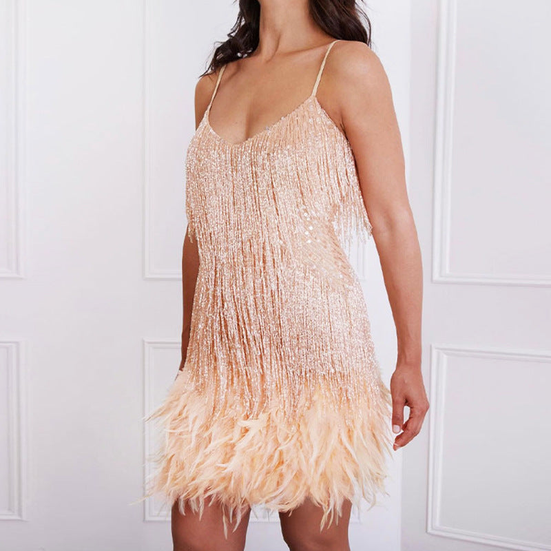 Lady Sexy V-Neck Tassel Feather Sequins Dress