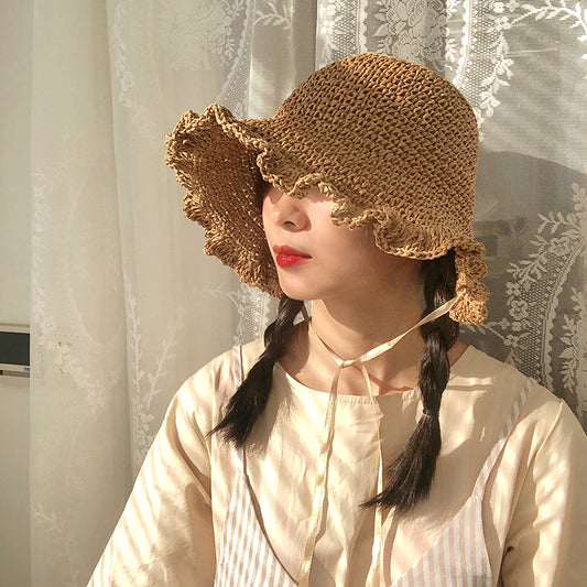 Lace Up & Upturned Papyrus Ins Wind Pastoral Grass Woven Hat